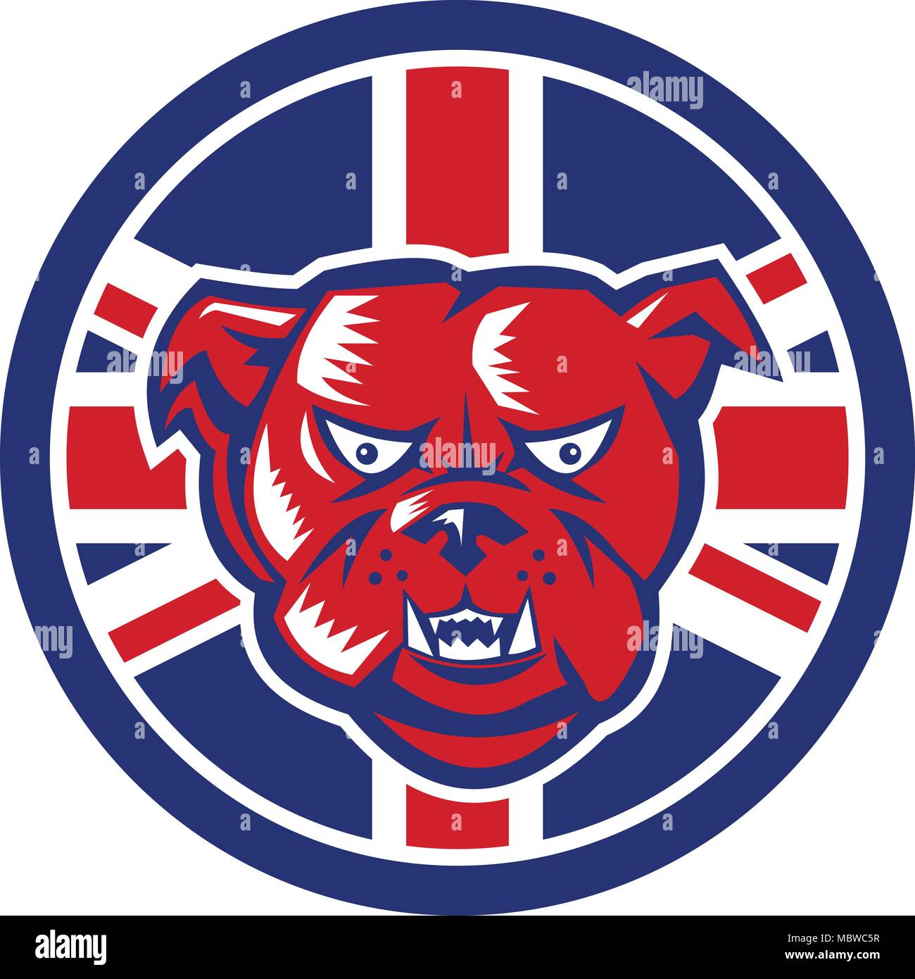 Icon retro style illustration of a British Bulldog head front view with United Kingdom UK, Great Britain Union Jack flag set inside circle on isolated Stock Vector