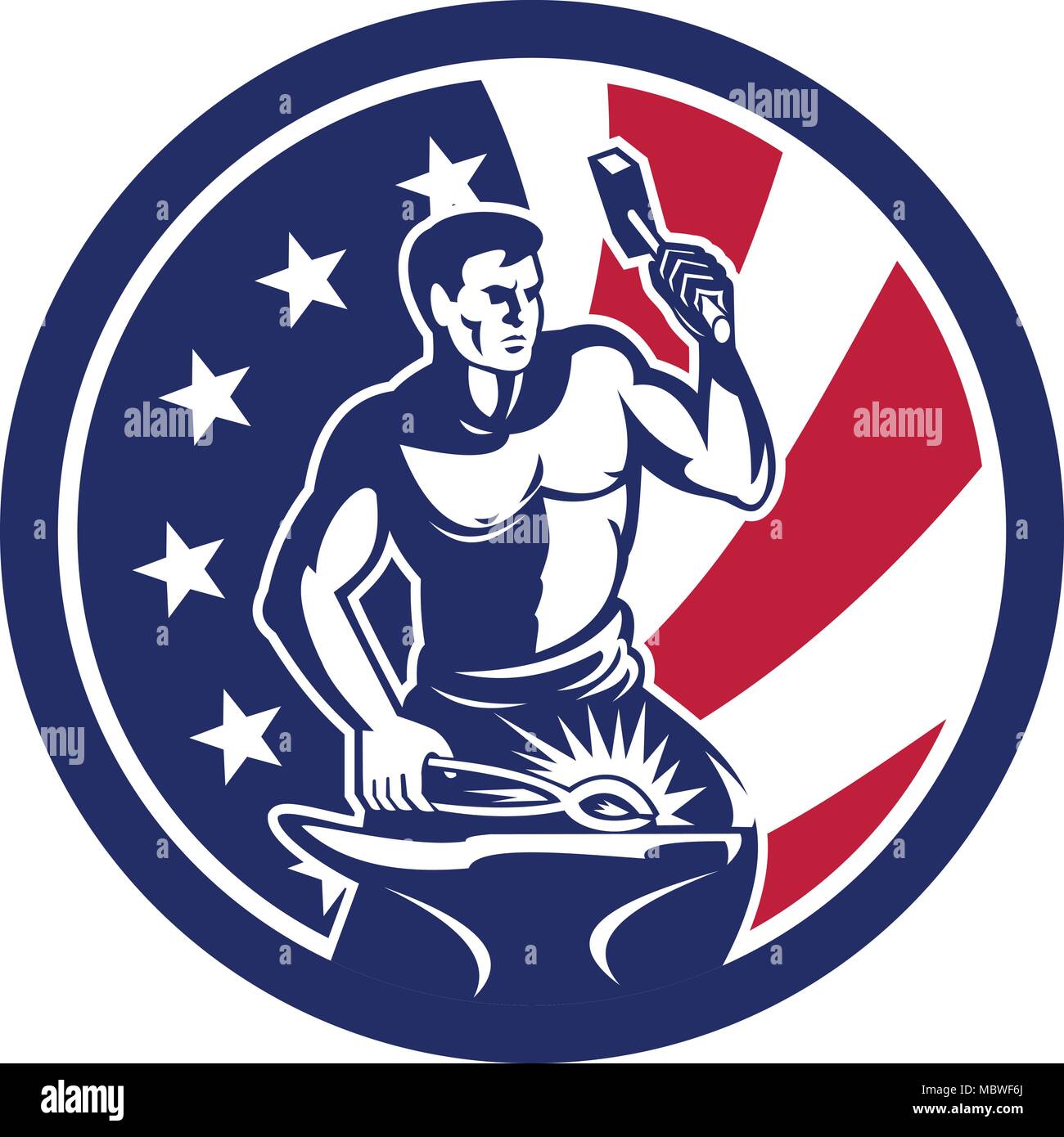 Icon retro style illustration of an American blacksmith or farrier holding hammer and anvil United States of America USA star spangled banner or stars Stock Vector