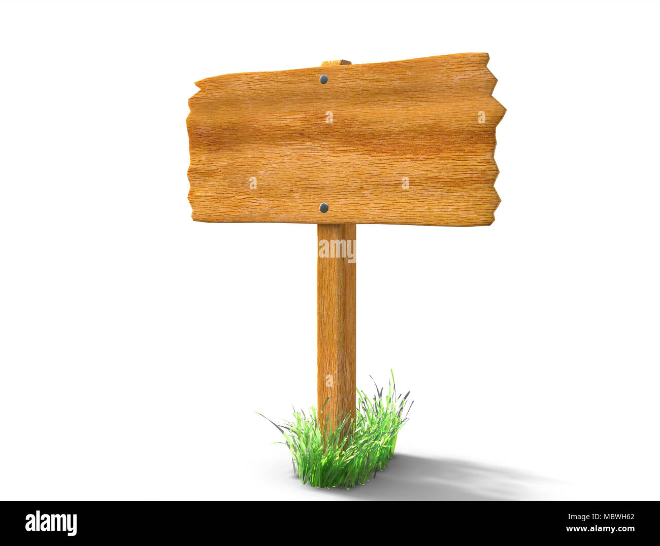 Blank wooden board sign and grass isolated on white. 3d illustration ...