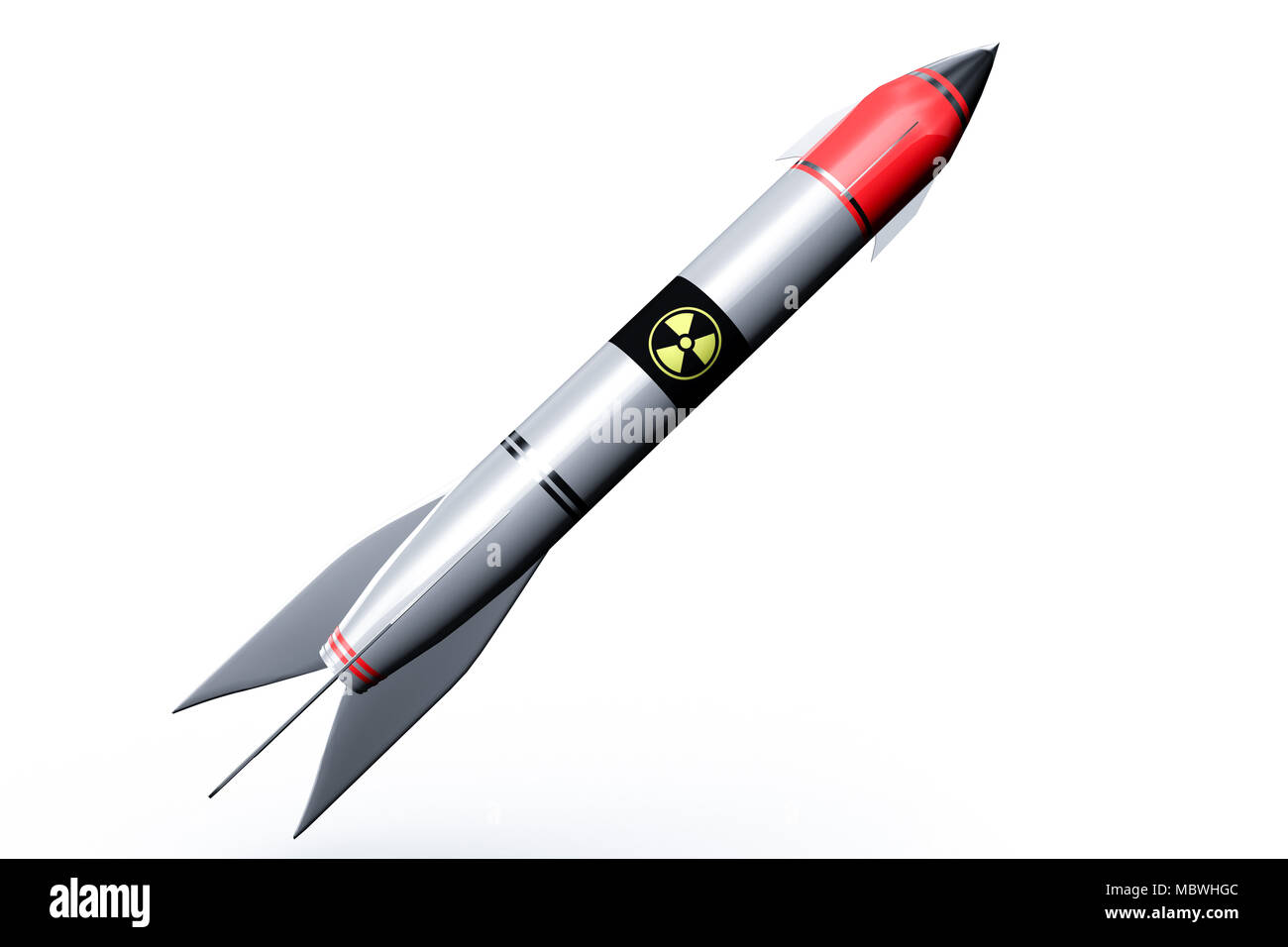 Hydrogen bomb in a rocket flying isolated on white background. 3D