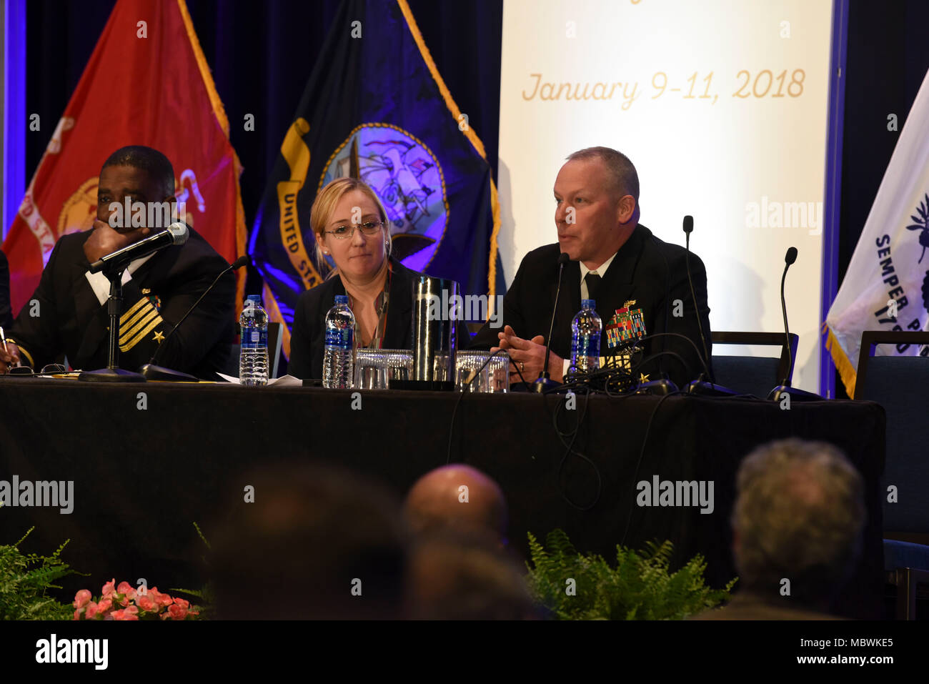 180110-N-EX237-040  CRYSTAL CITY, Va. (Jan. 10, 2018)   Capt. Steve Murray addresses attendees during the Surface Warfare Domains-Integrating to Win panel at the Surface Navy Association’s 30th National Symposium. This year's symposium focuses on 'Surface Forces and Cross-Domain Integration,' highlighting common procedures and combined exercises across air, land, maritime, space and cyberspace domains in preparation for a more powerful and integrated Naval Surface Force. (U.S. Navy photo by Mass Communication Specialist 2nd Class Lauren K. Jennings/Released) Stock Photo