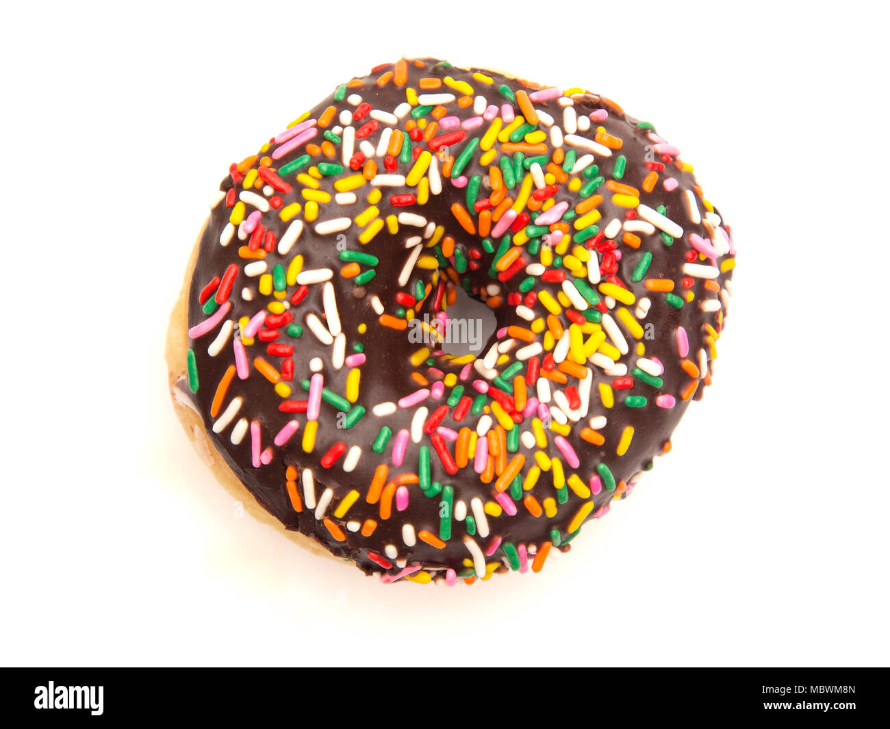 Chocolate Sprinkle Donuts on a White Background Stock Photo