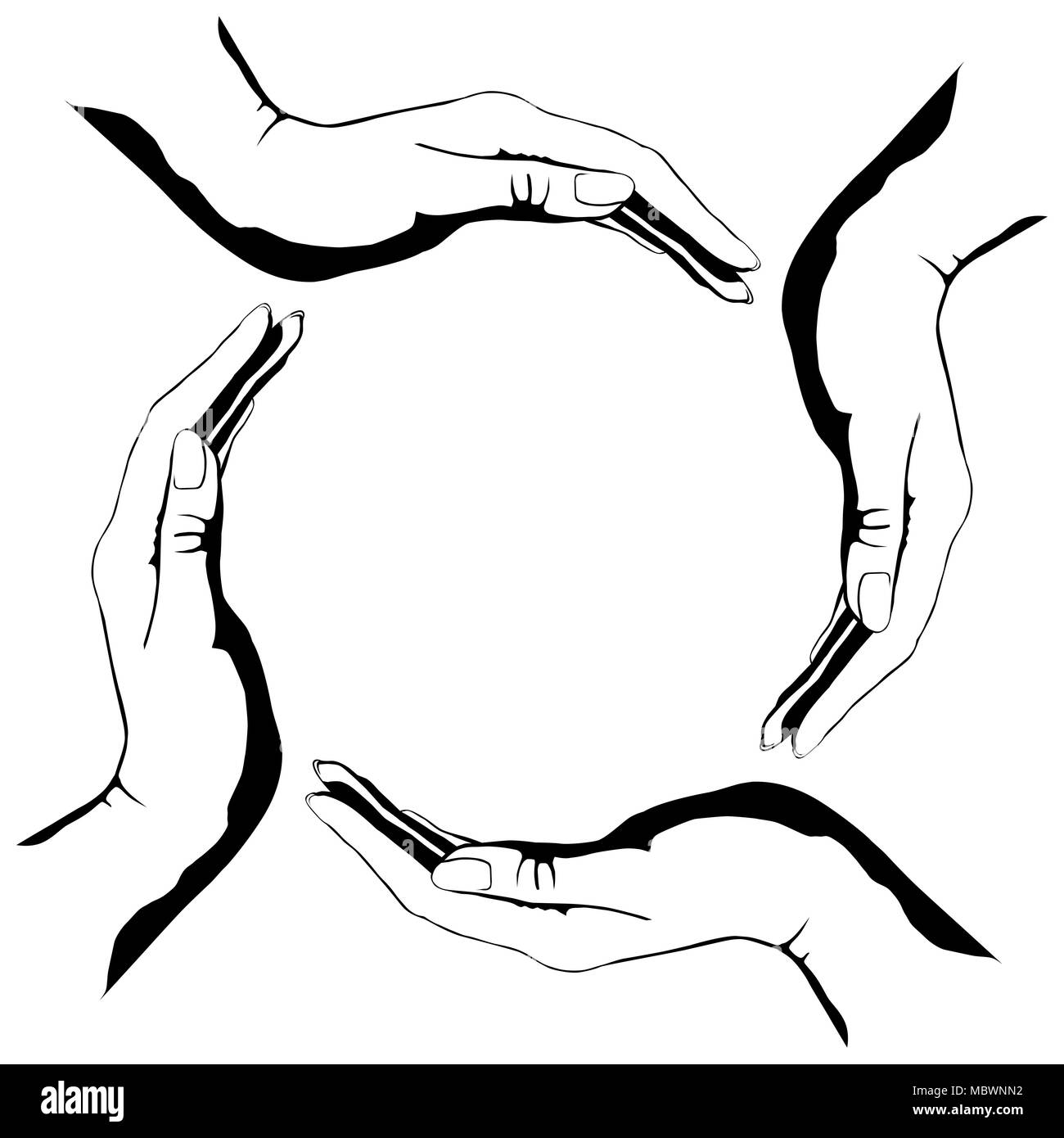 Four people hands making circle conceptual round symbol isolated illustration on white background Stock Photo