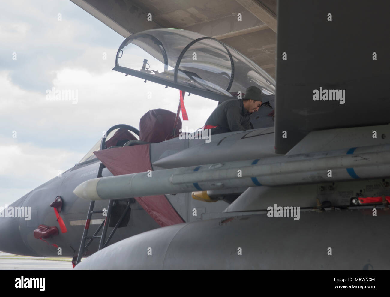 U.S. Air Force Senior Airman Devin Moore, 67th Fighter Squadron crew chief, checks and installs a panel on an F-15 Eagle Jan. 11, 2018, at Kadena Air Base, Japan. Dedicated crew chiefs work around the clock to keep F-15s ready to deploy at a moment's notice. (U.S. Air Force photo by Senior Airman Quay Drawdy) Stock Photo