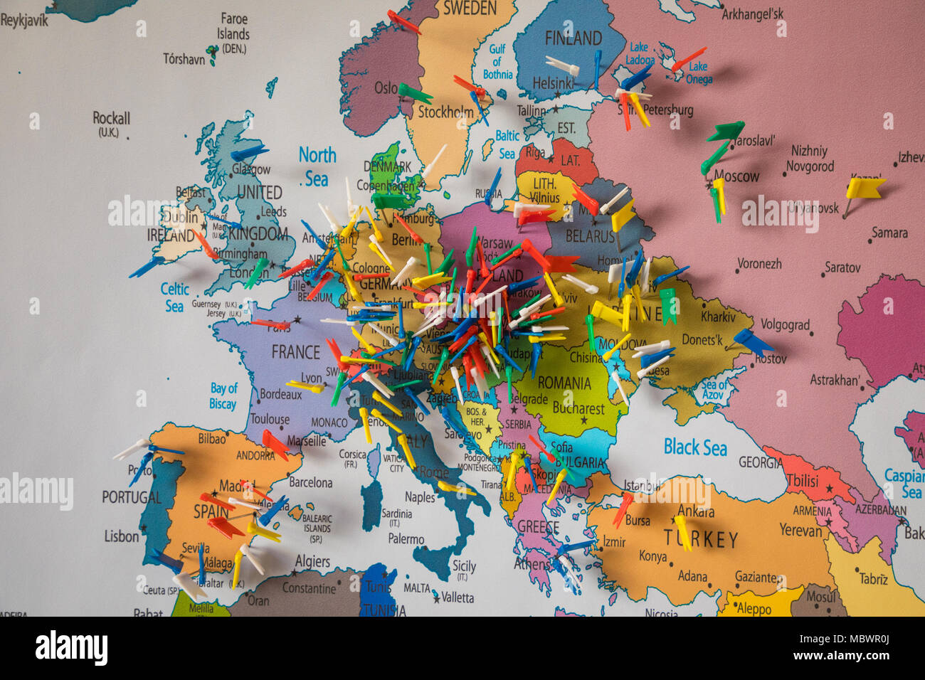 Colored flags on the map of Europe Stock Photo