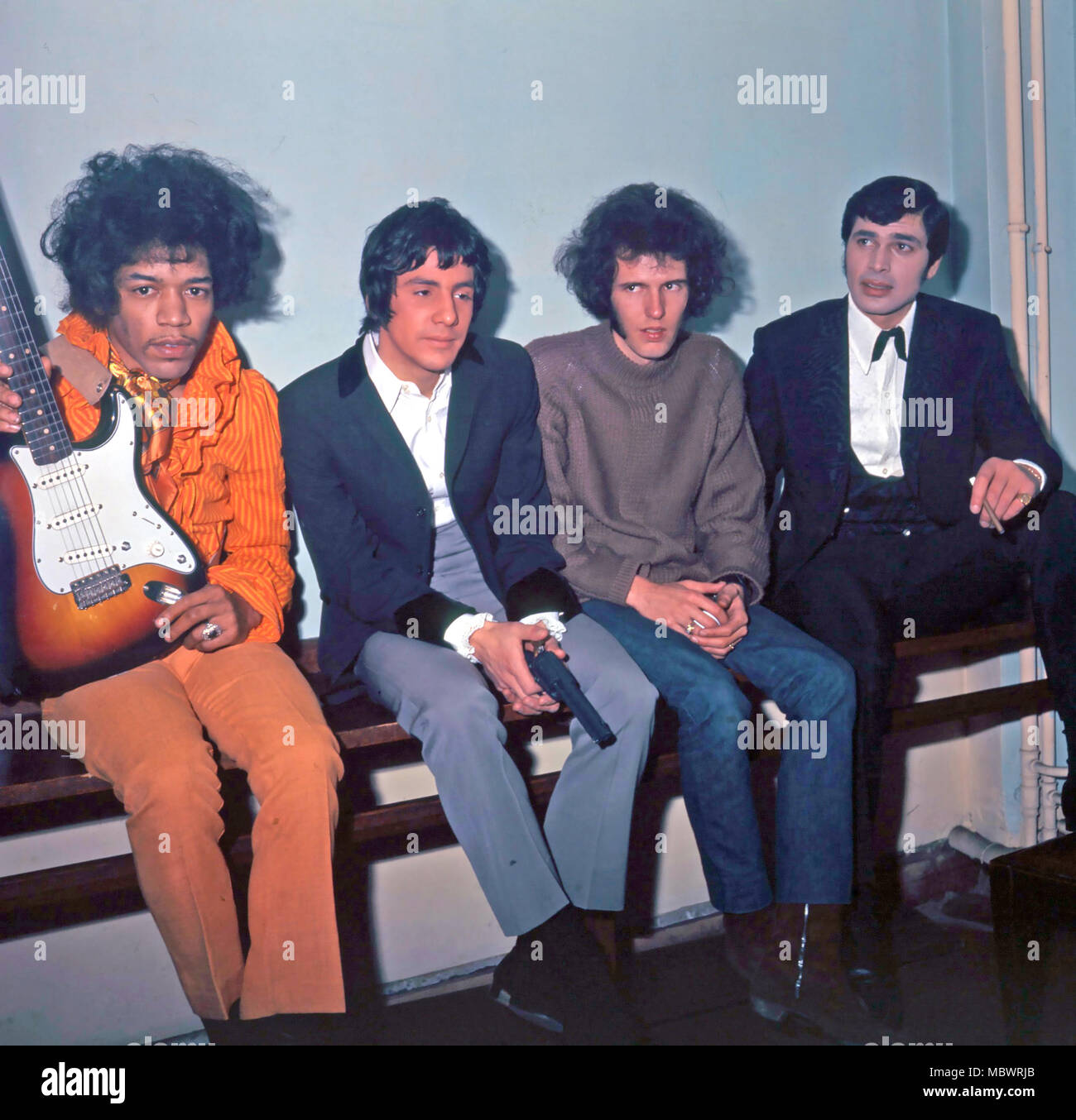 JIMI HENDRIX backstage at the opening night of the Walker Brothers UK Tour at Finsbury Park