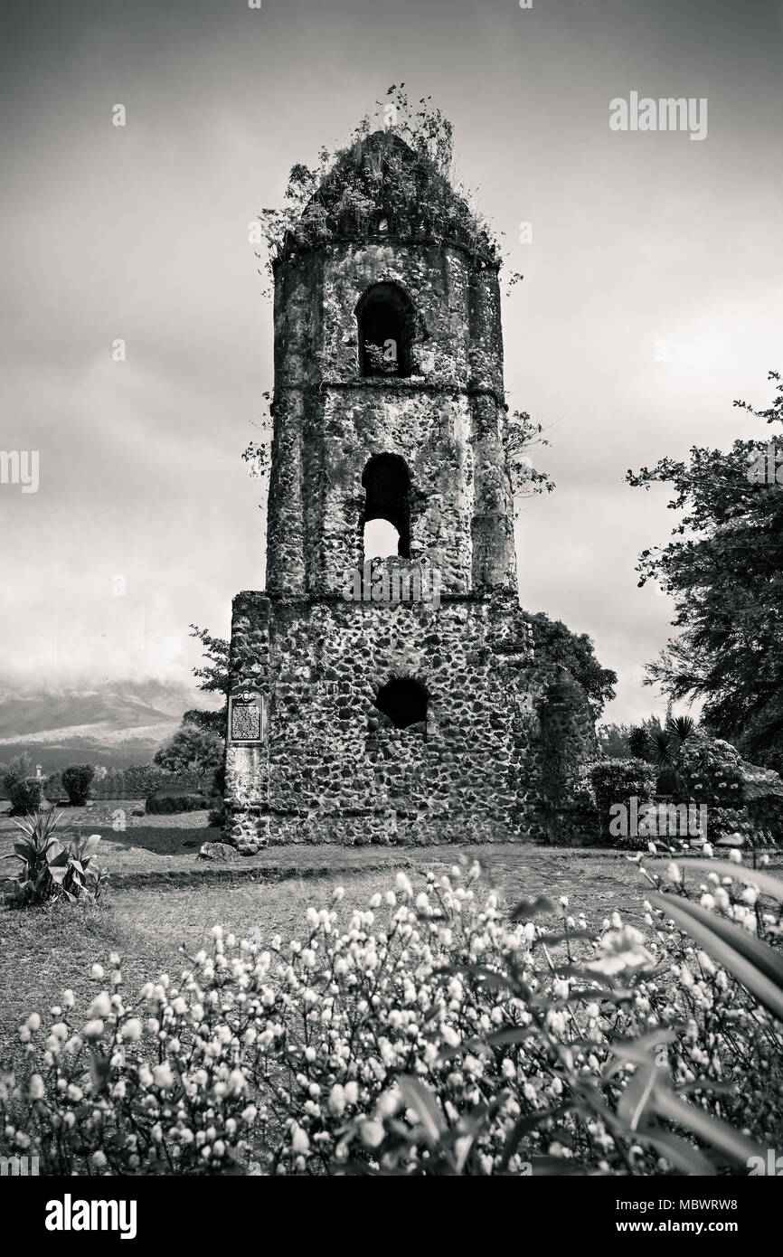 Cagsawa Ruins are the remnants of an 18th century Franciscan church, built in 1724 and destroyed by the 1814 eruption of the Mayon Volcano. Stock Photo