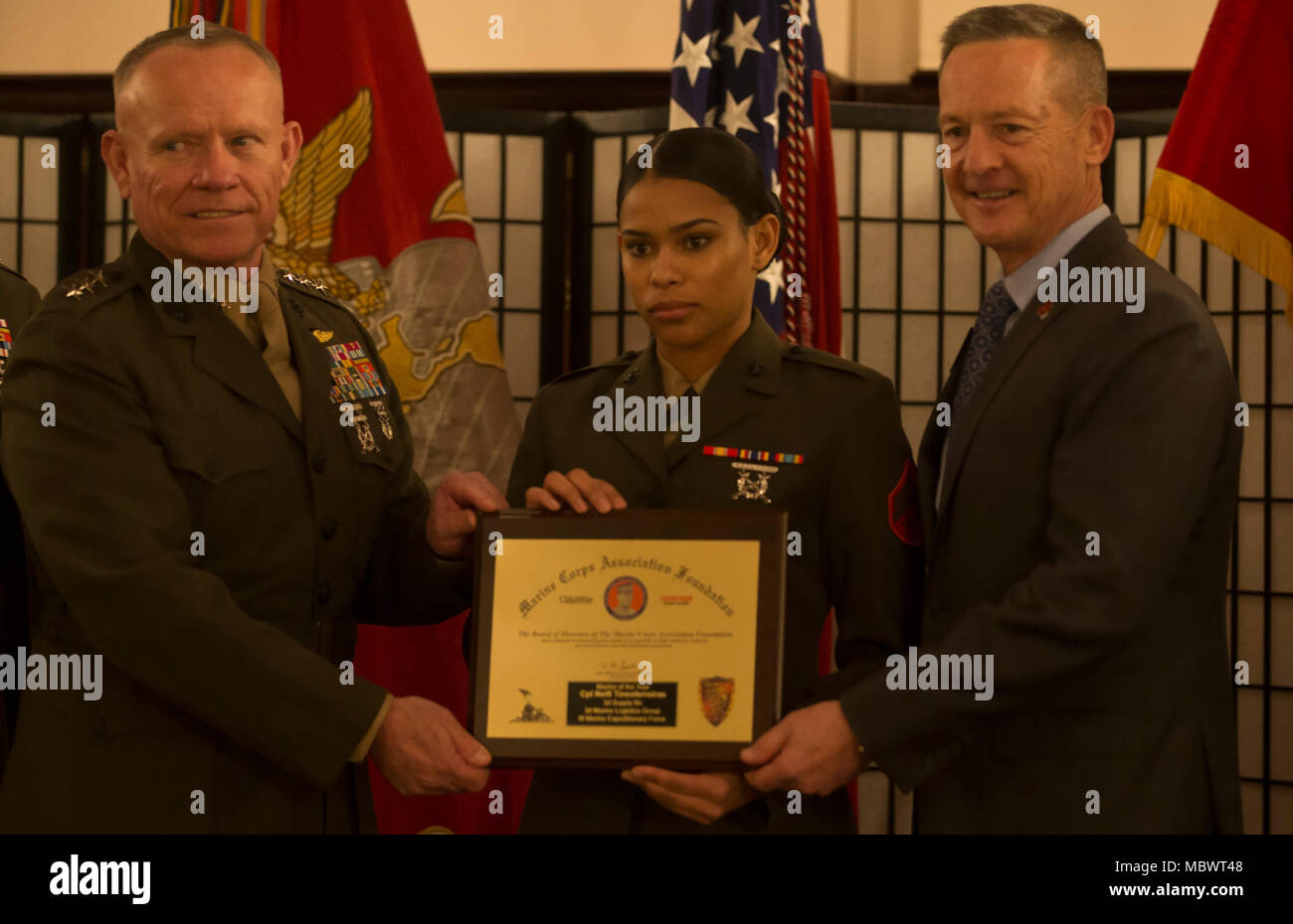 Nelfi TineoFerreiras is a United States Marine Corps corporal and recipient of the Marine Corps Association and Foundation 2017 Marine of the Year award. She received the honor on January 12, 2018, at the Butler Officers’ Club during the inaugural MCA&F dinner. Her recognitions include 3rd Marine Logistics Group Marine of the Quarter and 3rd MLG Marine of the Year 2017, and she is a native of the Dominican Republic. The archival image records the award presentation. Stock Photo