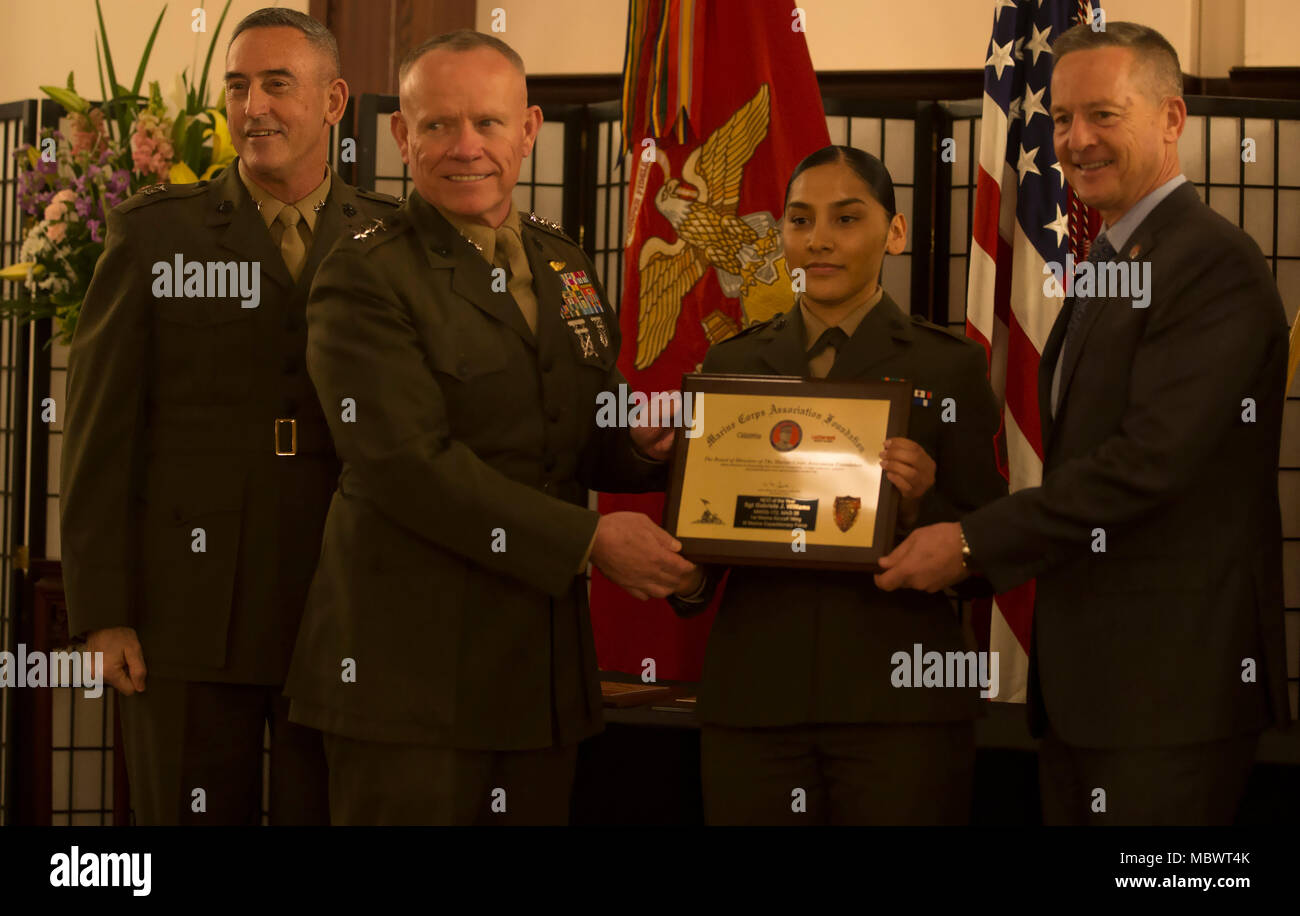 Gabriela J. Williams is a United States Marine Corps sergeant and recipient of the Marine Corps Association and Foundation 2017 Noncommissioned Officer of the Year award. She received the honor on January 12, 2018, at the Butler Officers’ Club during the inaugural MCA&F dinner. A native of Miami, Florida, she was recognized for improving section efficiency and training Marines in supply operations. The archival image records the award presentation. Stock Photo
