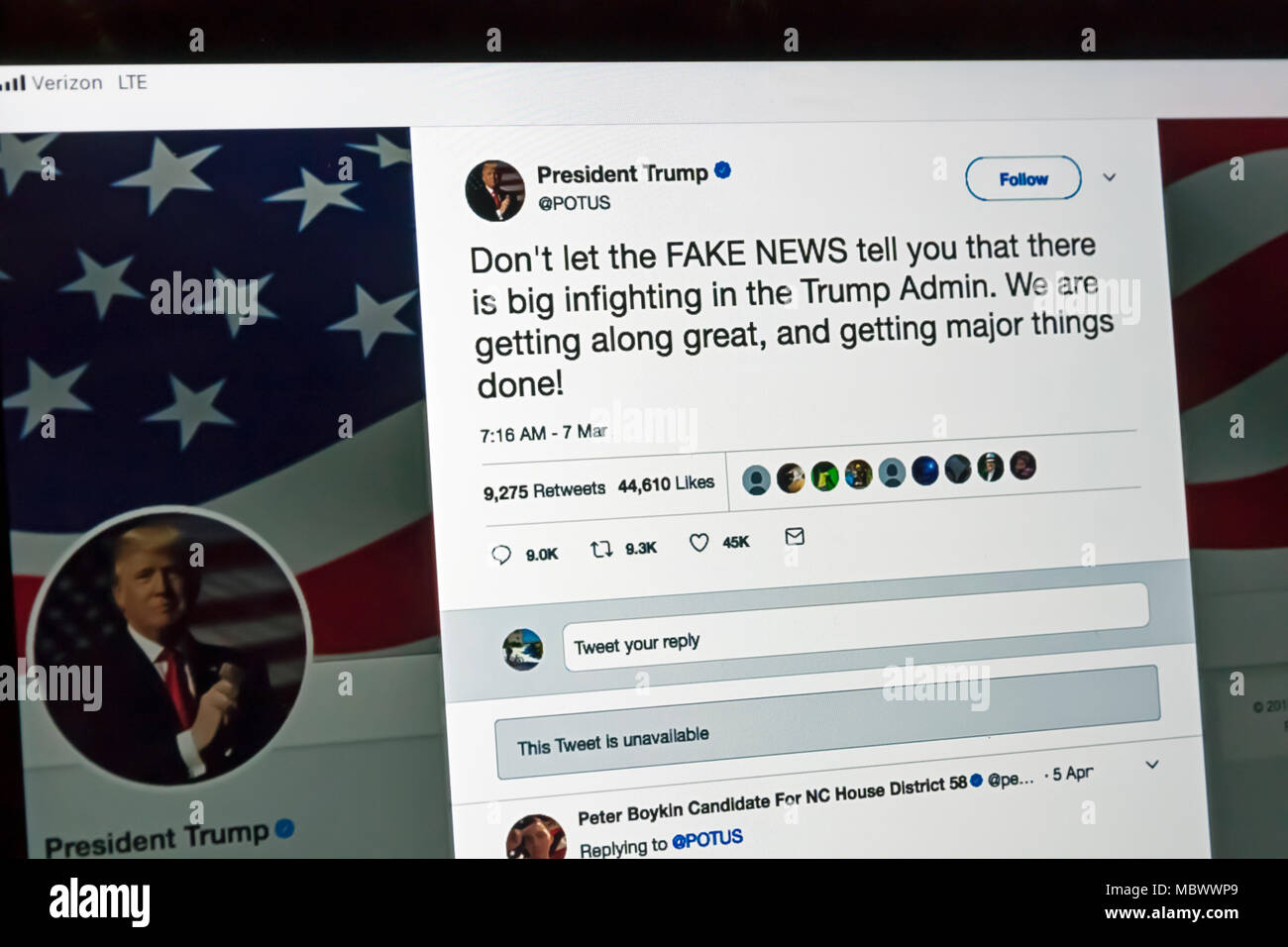 President Donald Trump's tweet regarding FAKE NEWS on the President of the United States' (POTUS) Twitter account (a public domain website). Stock Photo