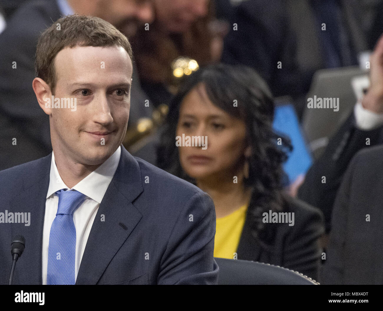 Washington, District of Columbia, USA. 10th Apr, 2018. Mark Zuckerberg, Co-Founder and CEO of Facebook, testifies before a joint meeting of the United States Senate Committee on the Judiciary and the US Senate Committee on Commerce, Science, and Transportation during a hearing to examine Facebook, as it relates to social media privacy and the use and abuse of data, on Capitol Hill in Washington, DC on Tuesday, April 10, 2018.Credit: Ron Sachs/CNP. Credit: Ron Sachs/CNP/ZUMA Wire/Alamy Live News Stock Photo