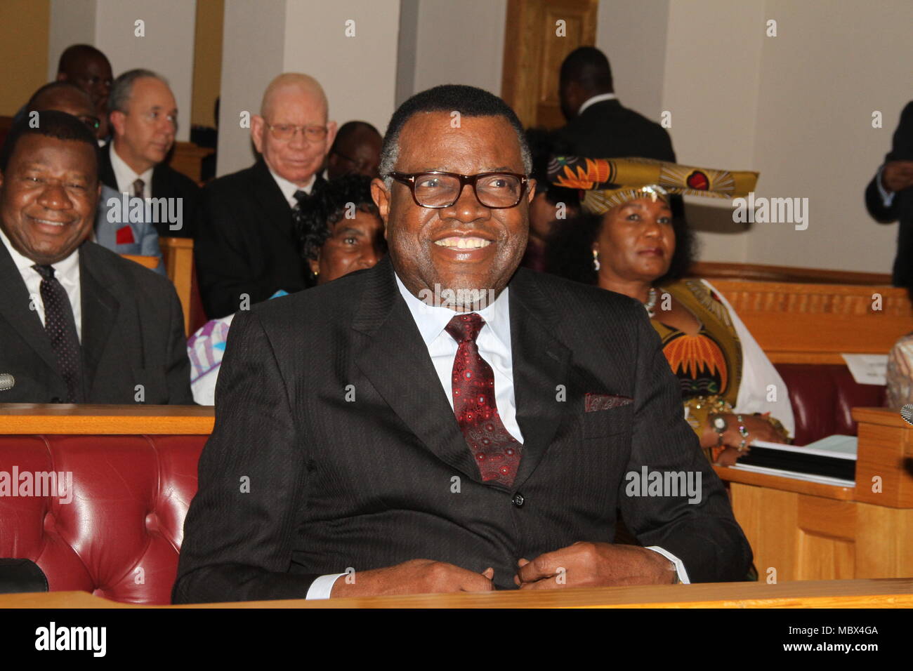 Windhoek. 11th Apr, 2018. Photo taken on April 11, 2018 shows Namibian President Hage Geingob in Parliament, Windhoek, capital of Namibia. Geingob delivered his fourth State of the Nation Address on Wednesday. Credit: Nampa/Xinhua/Alamy Live News Stock Photo