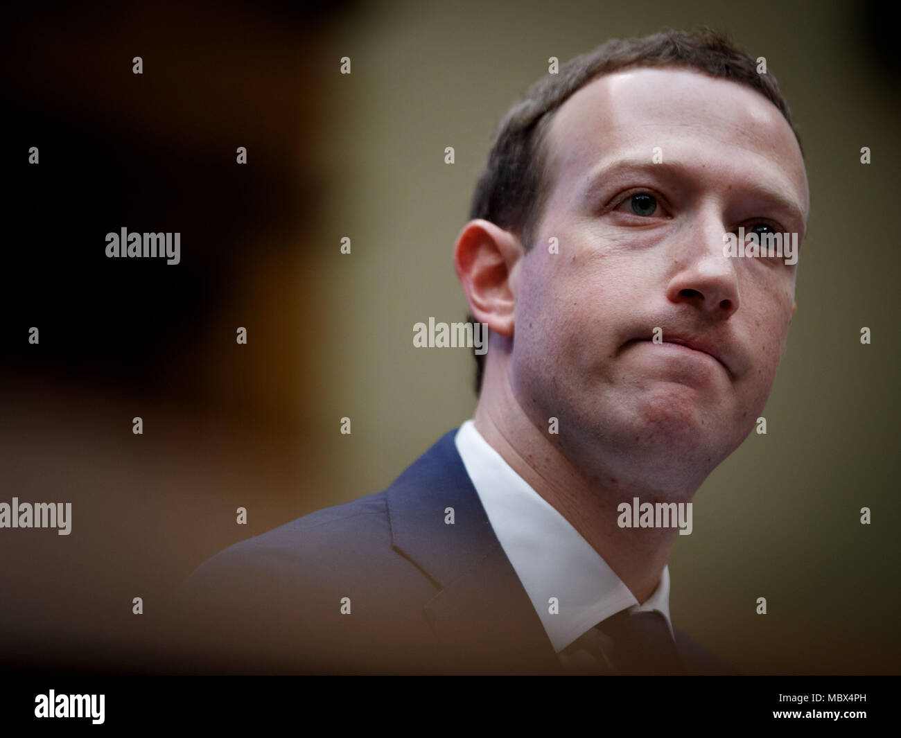 Washington, USA. 11th Apr, 2018. Facebook CEO Mark Zuckerberg testifies before the House Energy and Commerce Committee on Capitol Hill in Washington, DC, the United States, on April 11, 2018. Credit: Ting Shen/Xinhua/Alamy Live News Stock Photo