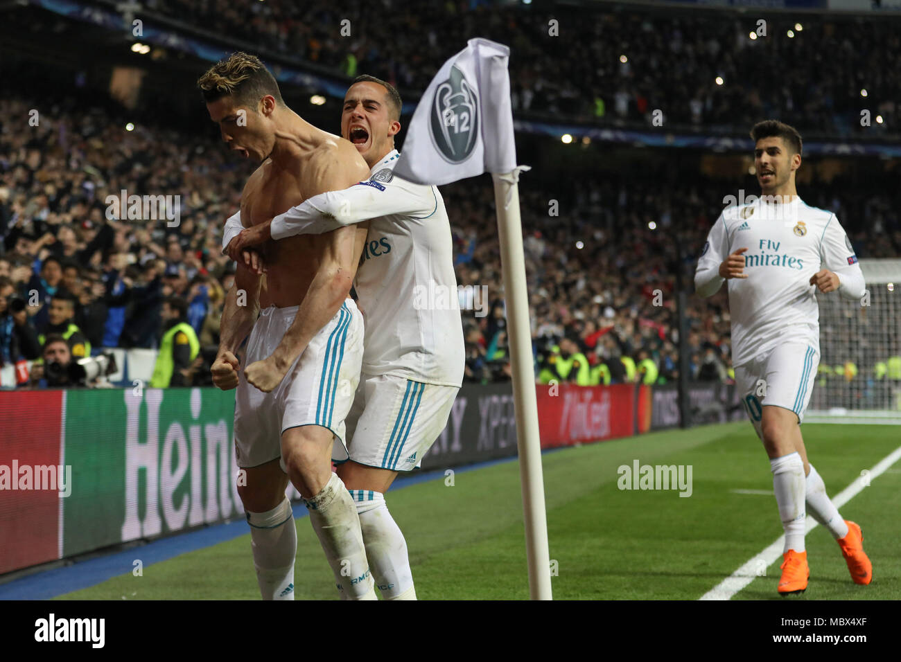 Madrid Spain 11th Apr 18 Cristiano Ronaldo Of Real Madrid Celebrates With Lucas Vazquez After Scoring During The Uefa Champions League Quarter Final 2nd Leg Football Match Between Real Madrid Cf And