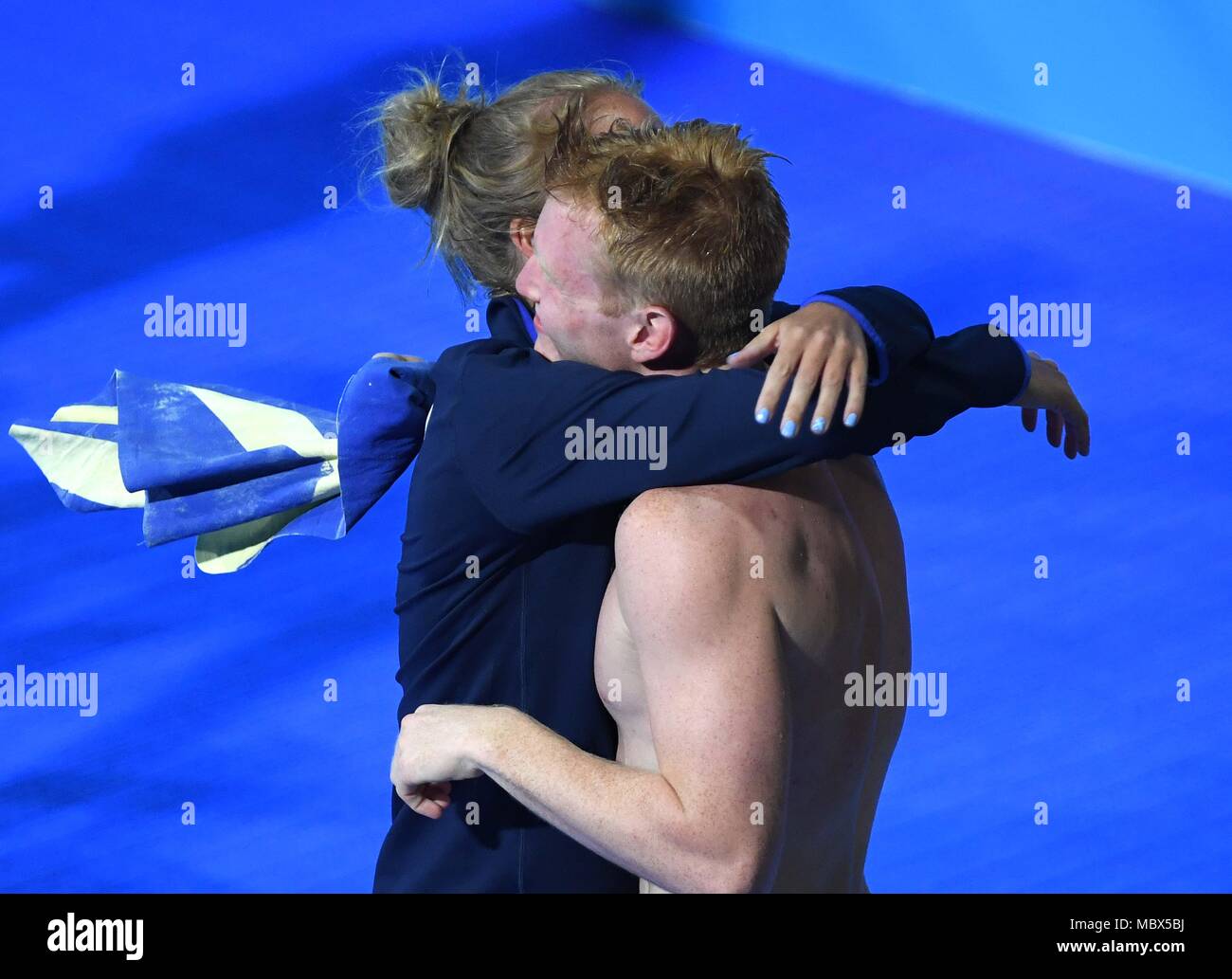 Queensland, Australia. 11th April, 2018. James HEATLY (SCO) is congratulated. Diving. Mens 1m springboard final. XXI Commonwealth games. Oxenford studios. Gold Coast 2018. Queensland. Australia. 11/04/2018. Credit: Sport In Pictures/Alamy Live News Stock Photo