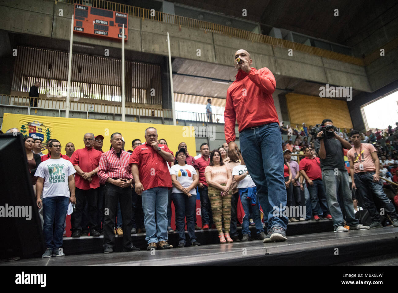Caracas, Venezuela, 11th April, 2018. The governor of the state Miranda, Héctor Rodríguez, participates in a campaign event in the Sucre municipality, east of Caracas, in favor of the reelection of President Nicolás Maduro. Credit: Marcos Salgado/Alamy Live News Stock Photo