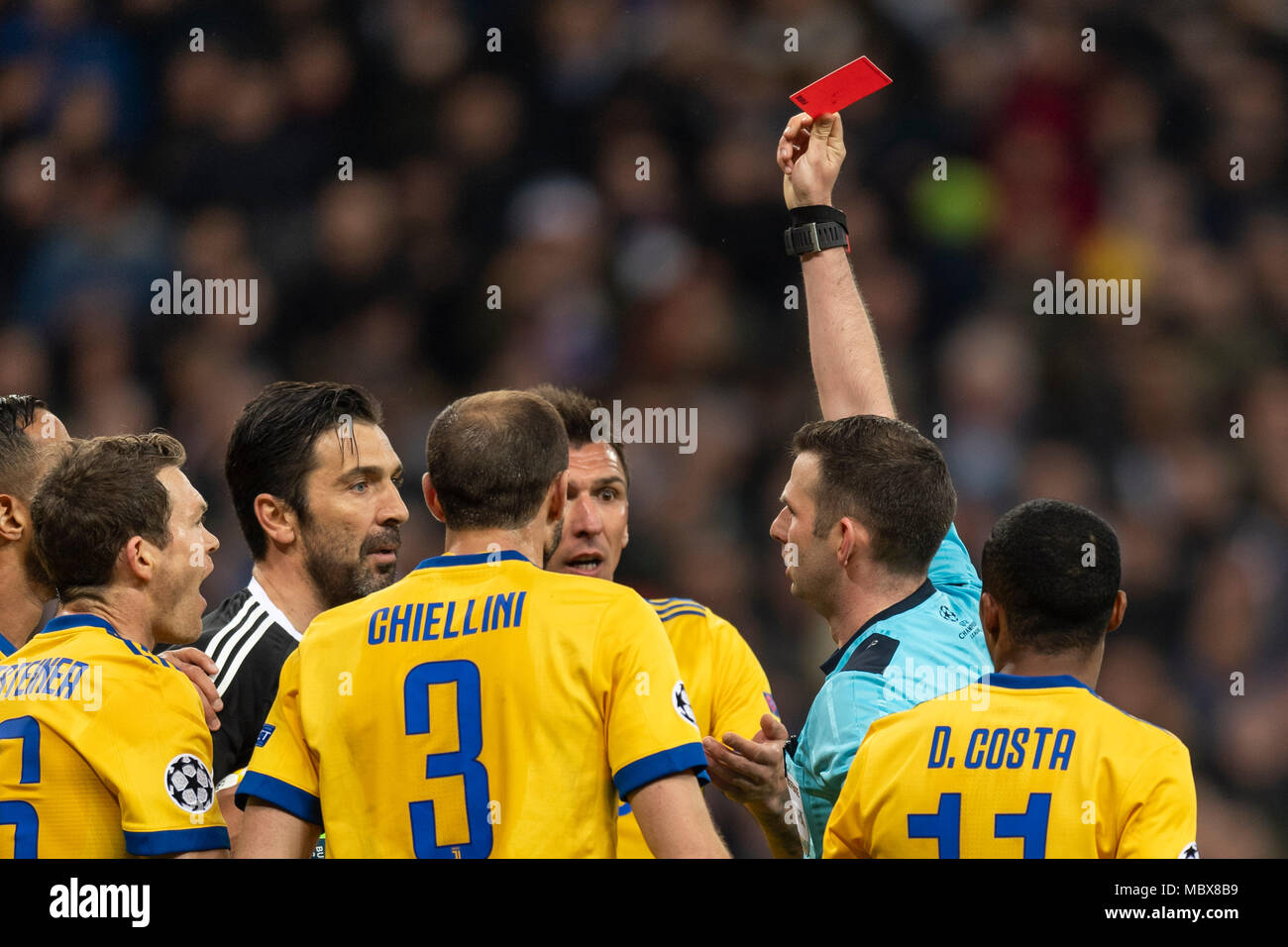 Madrid, Spain. 11th April, 2018. The anger of Gianluigi Buffon of Juventus against the Michael Referee for the assignment of the and card during the Uefa " Champions