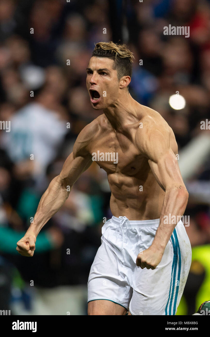 Madrid, Spain. 11th April, 2018. Cristiano Ronaldo dos Santos Aveiro of  Real Madrid celebrates after scoring his team's first goal during the Uefa  " Champions League " Quarter-finals, 2st leg, match between