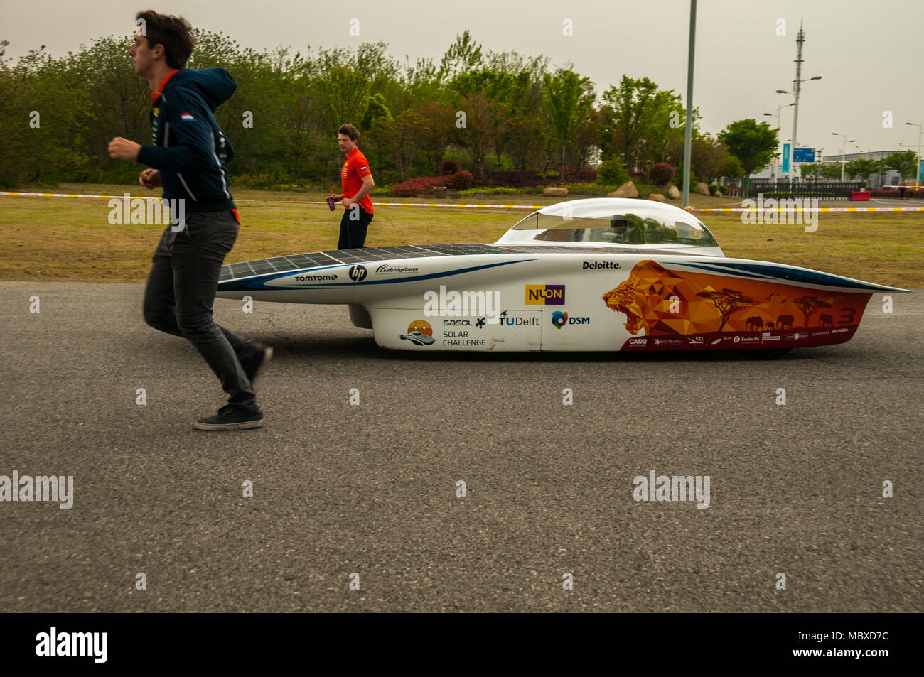 Shanghai, China. 12th April, 2018. Nuon Solar Team car being demonstrated at the Race to the Future, New Energy Vehicles event in Shanghai from the Kingdom of the Netherlands Dutch Days program. Credit: Mark Andrews/Alamy Live News Stock Photo