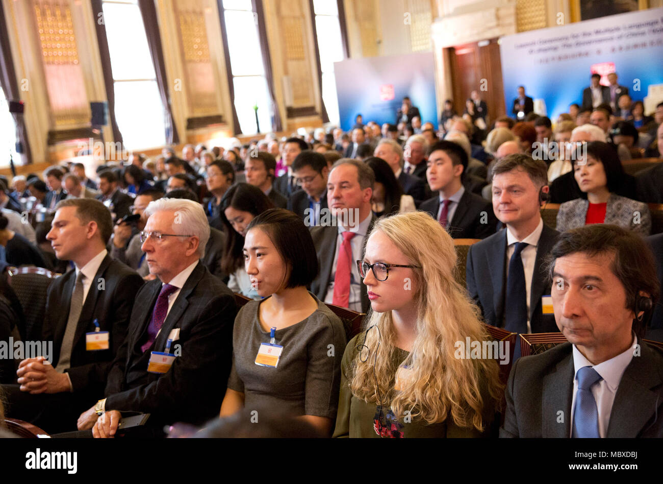 London, UK. 11th Apr, 2018. Guests listen to speeches during the launch ceremony for the multilingual versions of the second volume of "Xi Jinping: The Governance of China" in London, Britain on April 11, 2018. The book was launched in London Wednesday. Credit: Isabel Infantes/Xinhua/Alamy Live News Stock Photo