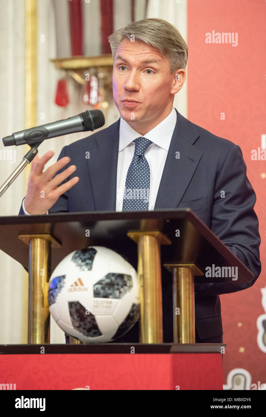 11 April 2018, Germany, Berlin: Alexey Sorokin, chairman of the organisational committee of the FIFA World Cup in Russia 2018, speaks at the concept presentation for the Football World Cup 2018 at the Russian Embassy. Photo: Christophe Gateau/dpa Stock Photo
