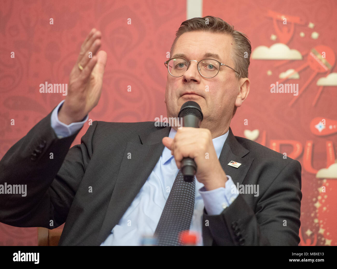 11 April 2018, Germany, Berlin: Reinhard Grindel, president of the German Football Association (DFB), speaks at the concept presentation for the Football World Cup 2018 at the Russian Embassy. Photo: Christophe Gateau/dpa Stock Photo