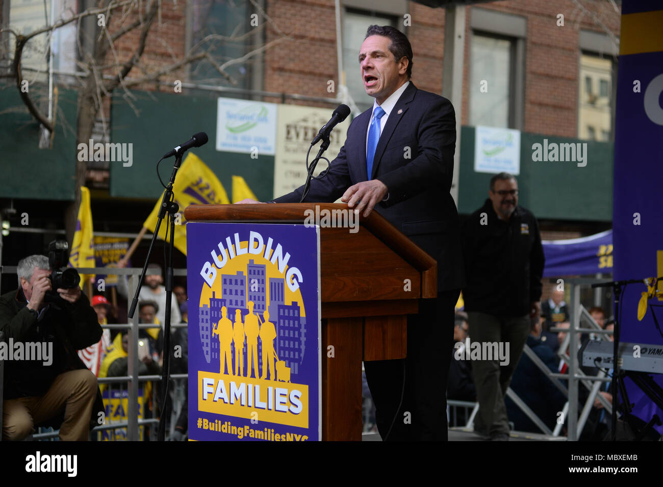 New York, USA. 11th Apr, 2018. Governor Andrew Cuomo speaks at 32BJ