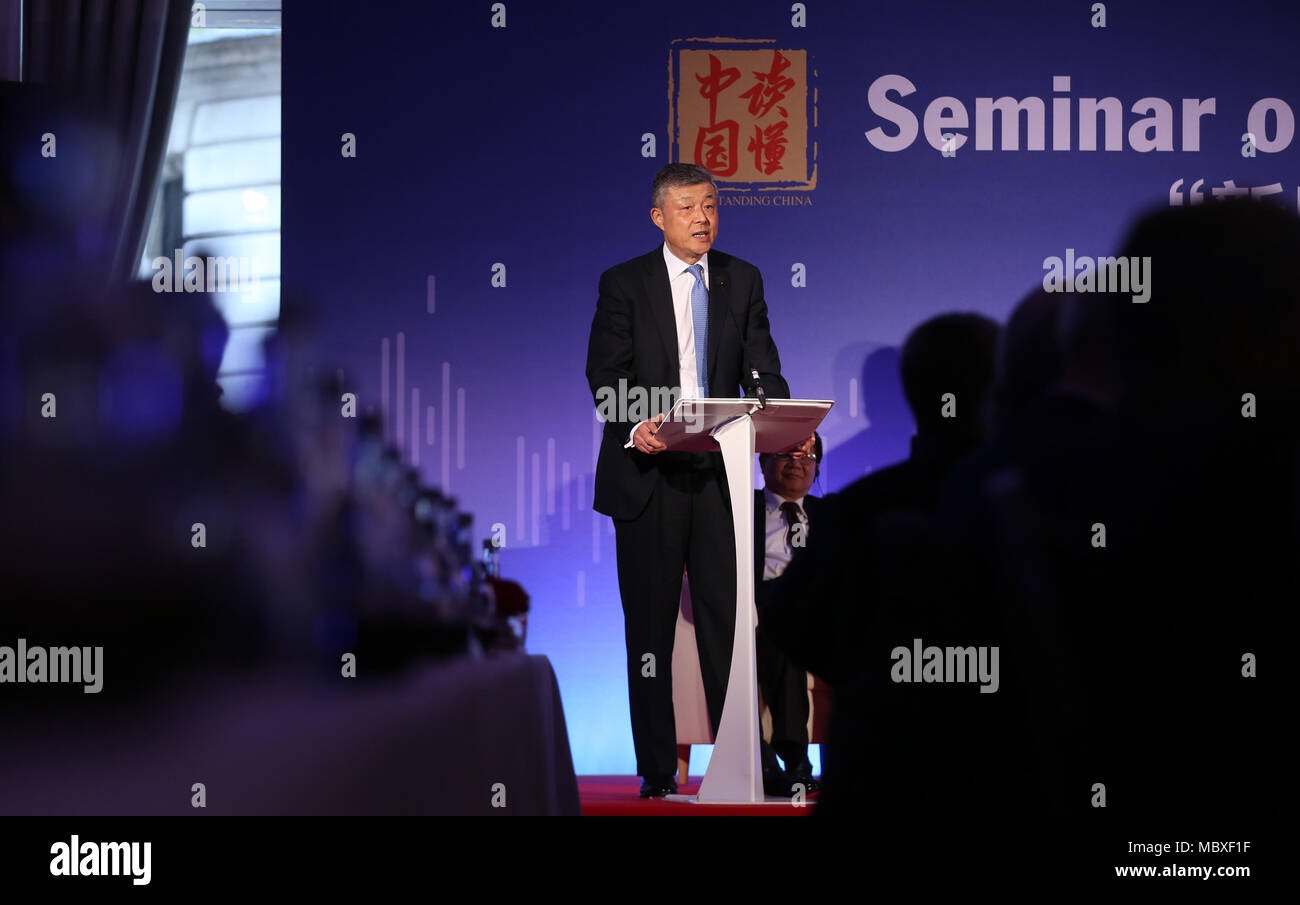 London, Britain. 11th Apr, 2018. Liu Xiaoming, China's ambassador to Britain, delivers a speech during a seminar with the theme of 'China in the New Era' in London, Britain, on April 11, 2018. An international seminar with the theme of 'China in the New Era' was held in London on Wednesday, as part of a series of activities to promote the launch of the second volume of 'Xi Jinping: The Governance of China' in nine languages. Credit: Isabel Infantes/Xinhua/Alamy Live News Stock Photo