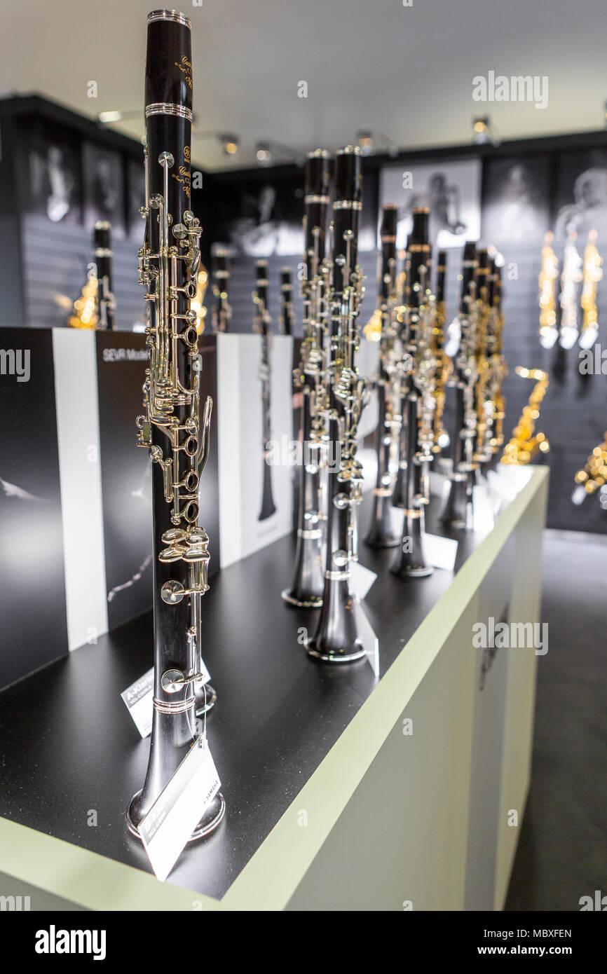 Frankfurt/Main, Germany. 11th April, 2018. Clarinets at Yamaha booth, Musikmesse Frankfurt, trade fair for musical instruments, sheet music, music production and marketing. Credit: Christian Lademann Stock Photo