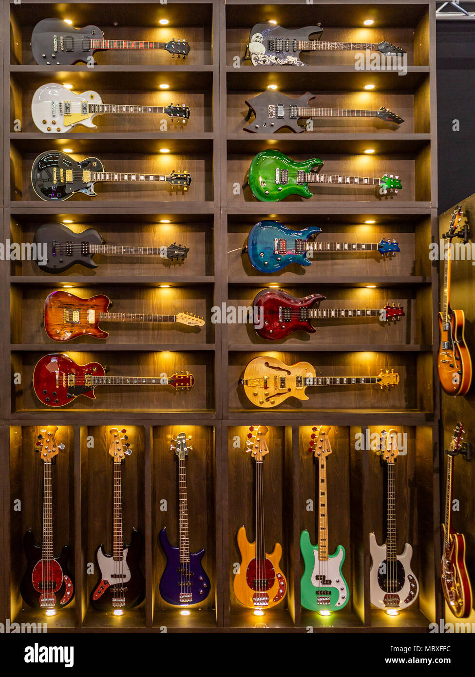 Frankfurt/Main, Germany. 11th April, 2018. Electric guitars by Dimavery  Instruments at booth of Steinigke Instruments and more at Musikmesse  Frankfurt, trade fair for musical instruments, sheet music, music  production and marketing. Credit: