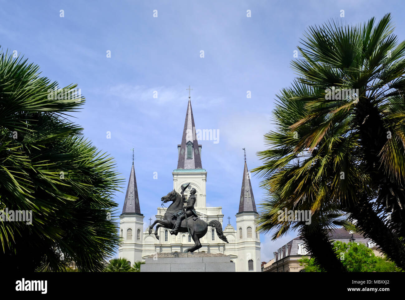 Statue of Andrew Jackson in Jackson Square Park with Saint Louis Cathedral in the background in