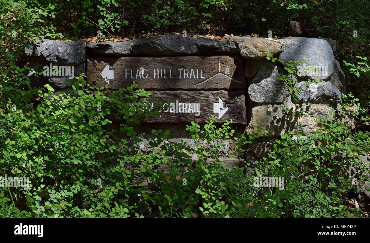 Indian Joe and Flag Hill trail signs, Sunol Regional Wilderness, California, Stock Photo