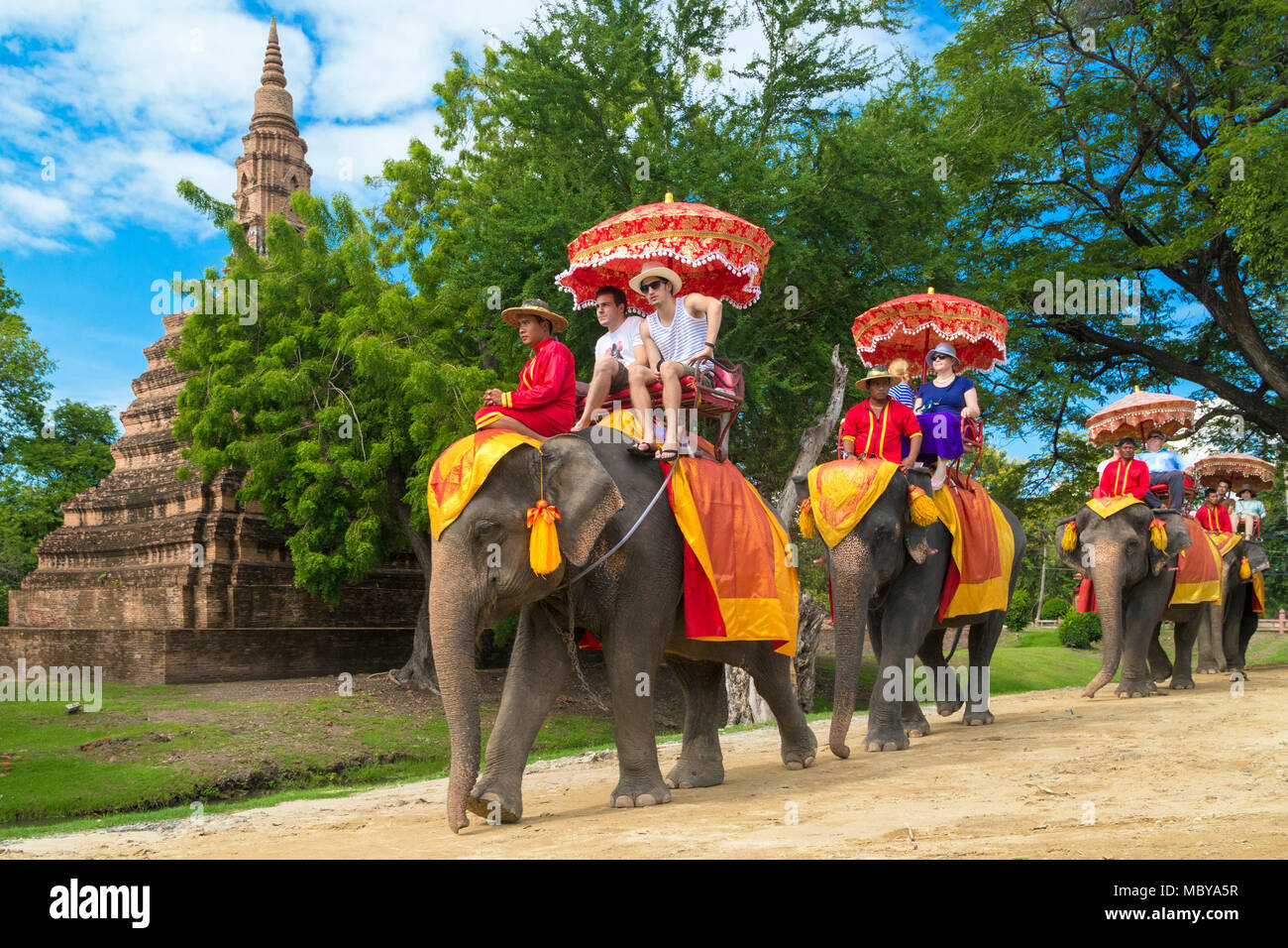 Tourists on elephant tour around Ayutthaya, Thailand Stock Photo