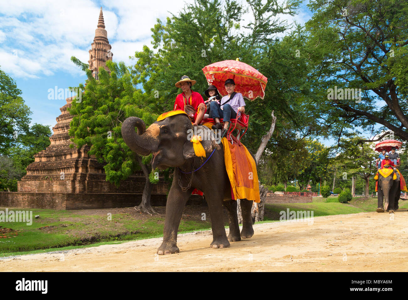Tourists on elephant tour around Ayutthaya, Thailand Stock Photo