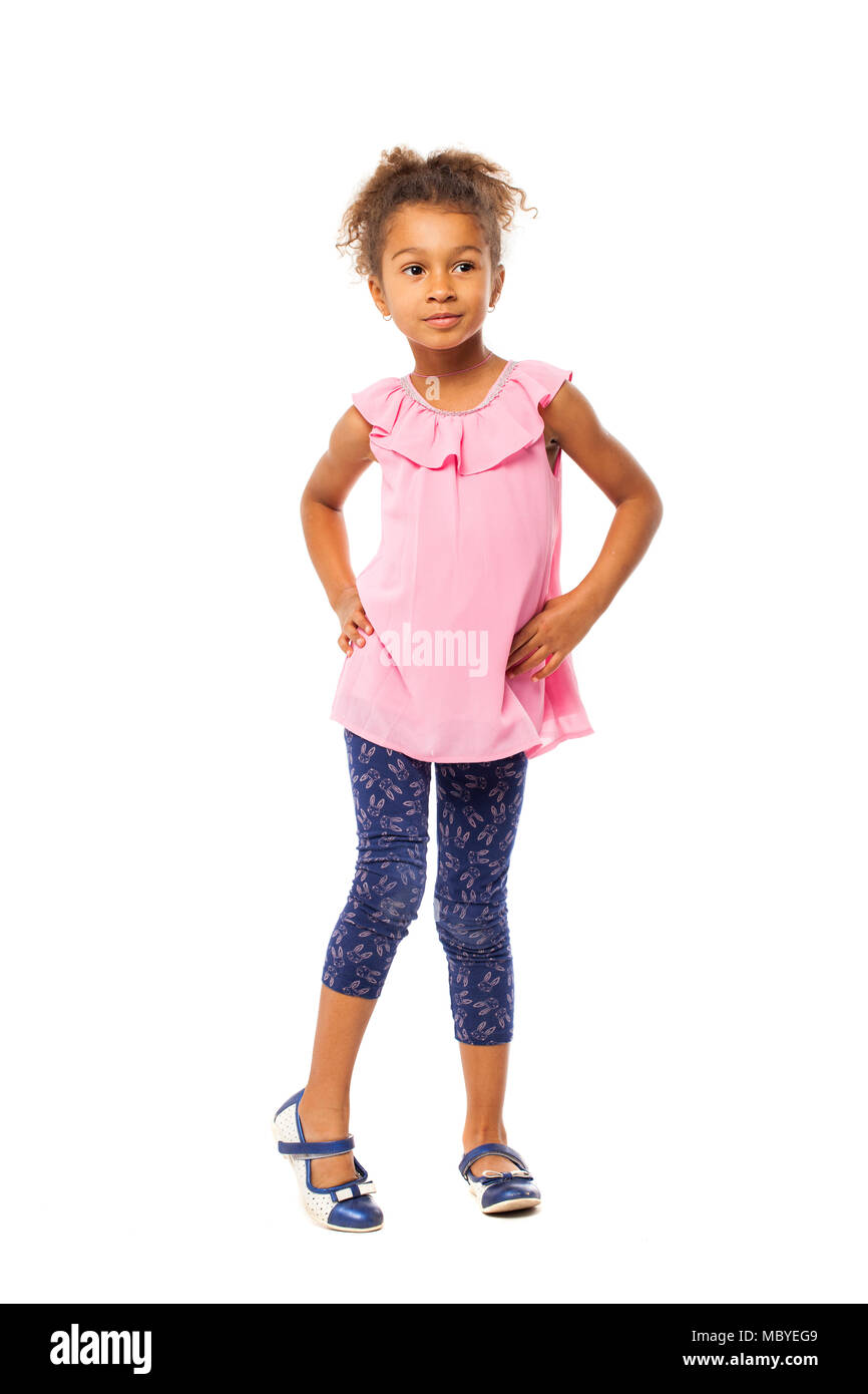 Portrait of pretty African-American mixed race child against white