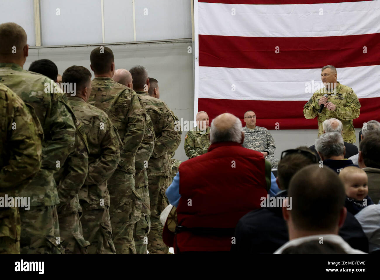 Maj. Gen. Mark Anderson, Wisconsin’s deputy adjutant general for Army, speaks during a welcome-home ceremony Jan. 25 for approximately 75 Wisconsin members of the 1st Battalion, 147th Aviation returning to Madison, Wis., after a nine-month Middle East deployment. The unit provided UH-60M Black Hawk helicopter airlift assets and maintenance support personnel, flew 3,700 mission hours, conducted 69 medical evacuations, and transported more than 5,900 troops as well as approximately 200,000 pounds of cargo. Wisconsin National Guard Stock Photo