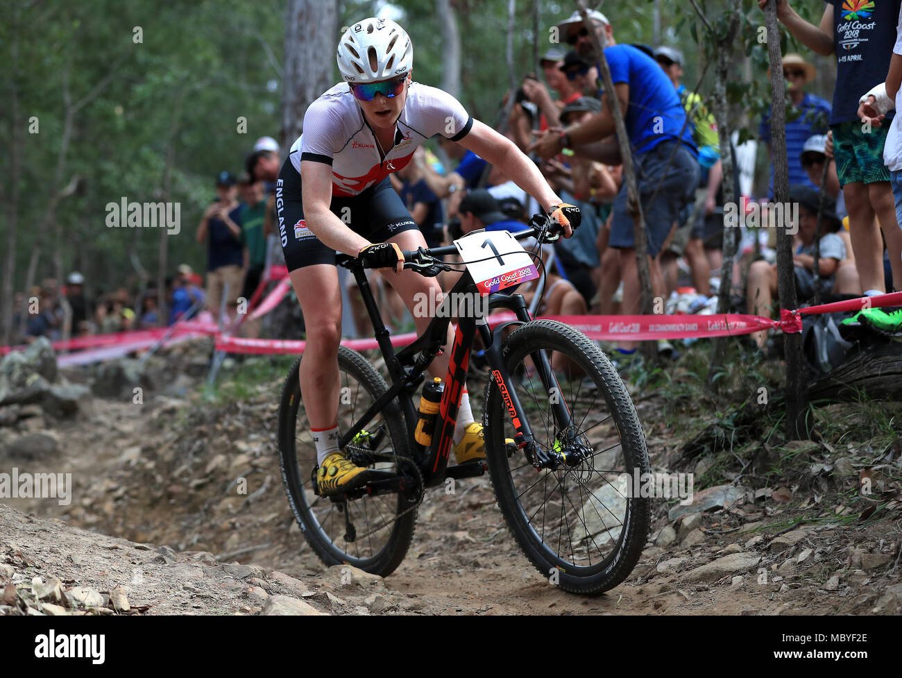 England's Annie Last competes in the Women's CrossCountry at the Nerang Mountain Bike Trails