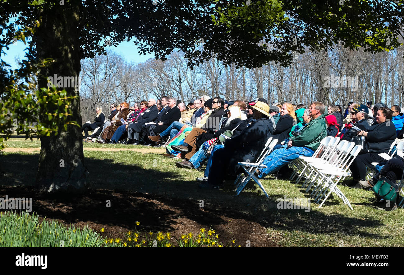 Guests attend the Presidential wreath laying ceremony honoring the 4th President of the United States, James Madison, also known as the Father of the Constitution, at his home at Montpelier, Orange, Va., March 16, 2018. This event was held in commemoration of the 267th anniversary of the birth of Madison, born in 1751, and has also been decreed as James Madison Appreciation Day for the Commonwealth of Virginia. Stock Photo