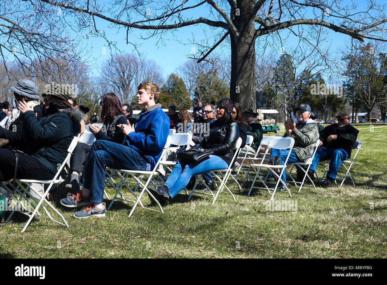 Guests attend the Presidential wreath laying ceremony honoring the 4th President of the United States, James Madison, also known as the Father of the Constitution, at his home at Montpelier, Orange, Va., March 16, 2018. This event was held in commemoration of the 267th anniversary of the birth of Madison, born in 1751, and has also been decreed as James Madison Appreciation Day for the Commonwealth of Virginia. Stock Photo