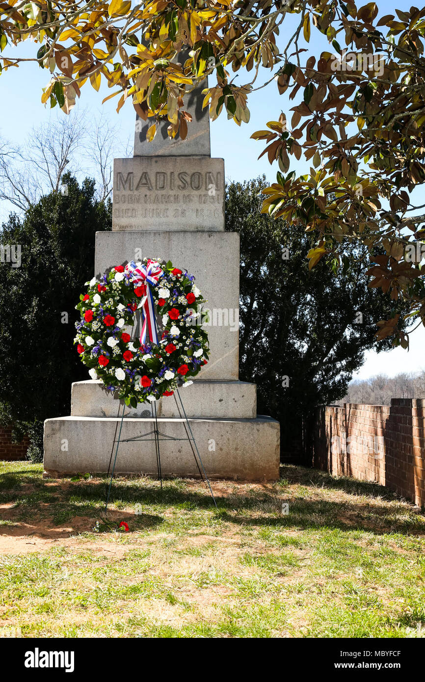 The Presidential wreath stands at the tomb of the 4th President of the United States, James Madison, also known as the Father of the Constitution, at his home at Montpelier, Orange, Va., March 16, 2018. The wreath laying ceremony was held in commemoration of the 267th anniversary of the birth of Madison, born in 1751, and has also been decreed as James Madison Appreciation Day for the Commonwealth of Virginia. Stock Photo