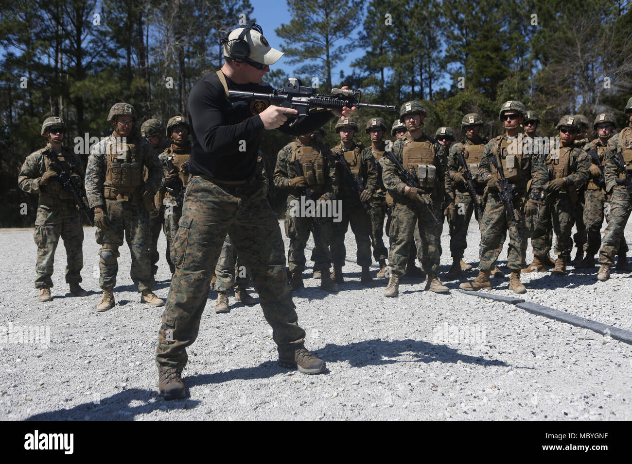 A U.S. Marine with Expeditionary Operations Training Group, demonstrates weapon handling during a range as part of a close quarter’s tactics enabler’s course at Camp Lejeune, N.C., March 23, 2018. The course provided Marines the opportunity to improve fire and movement tactics as a security platoon element. Marines participated in the training in preparation for their upcoming deployment with 22nd Marine Expeditionary Unit. Stock Photo