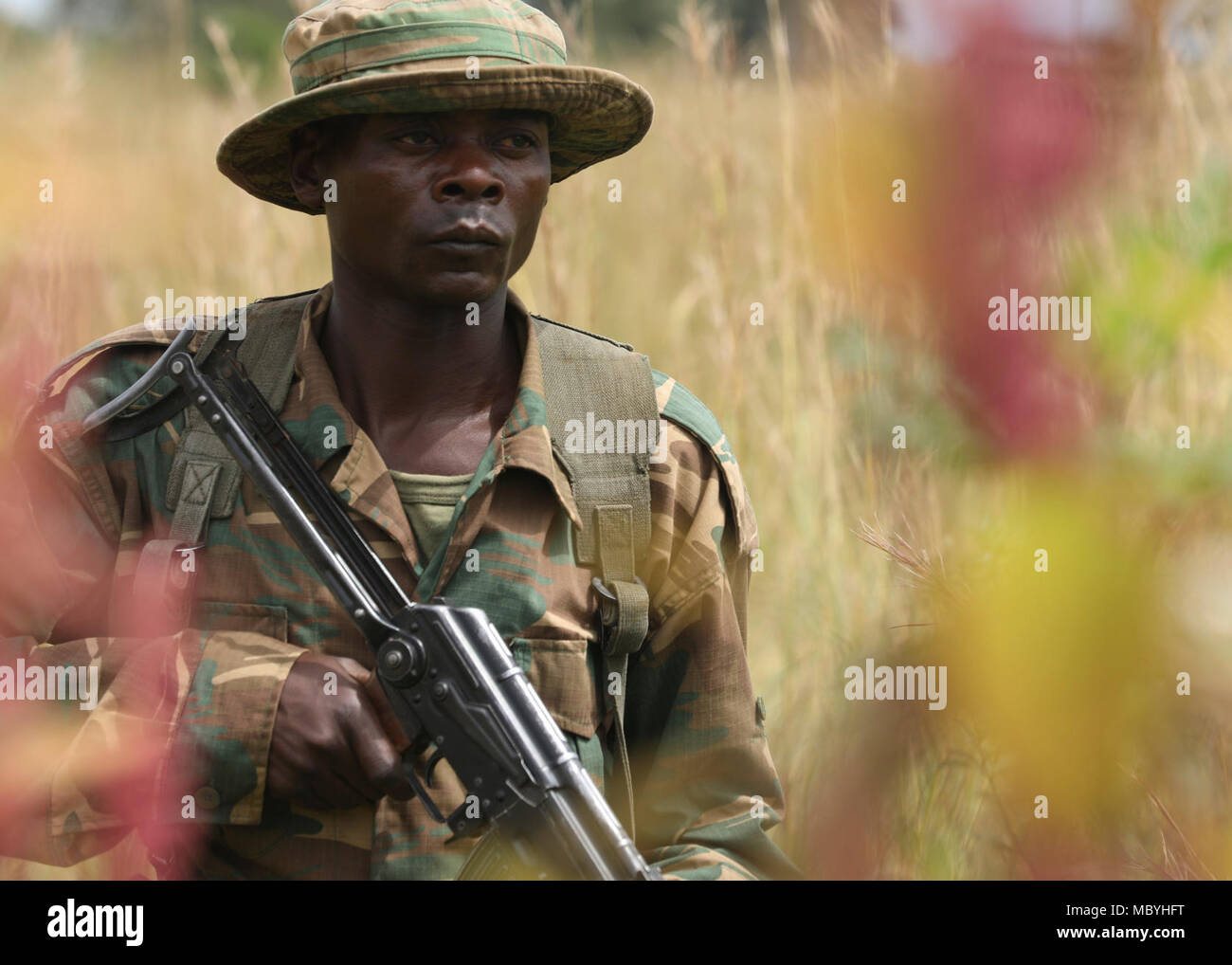 A Zambian soldier maintains security while on a patrol during ZAMBAT IV