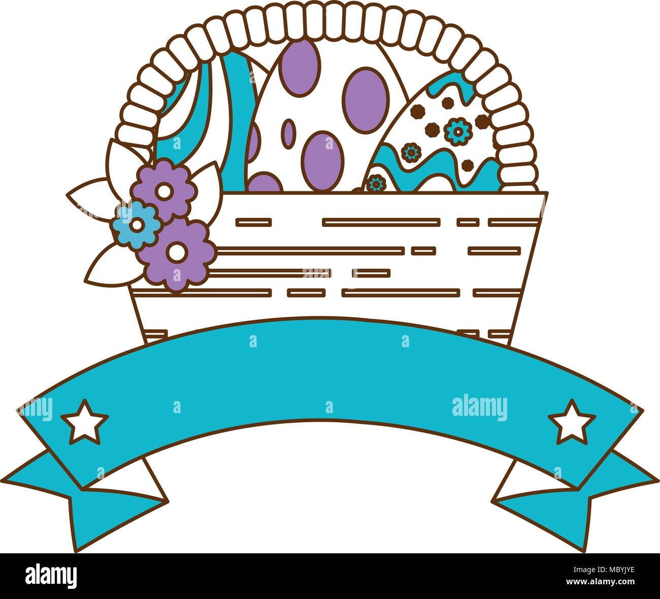 painted easter eggs in basket with ribbon celebration Stock Vector