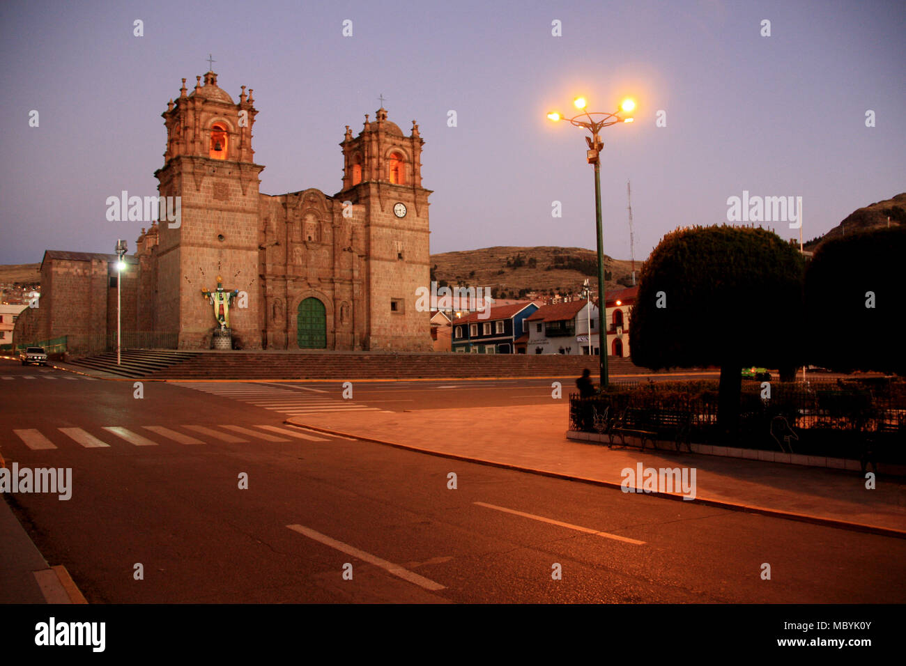 The Main Square and the Cathedral of Puno, Peru, after Sunset Stock Photo