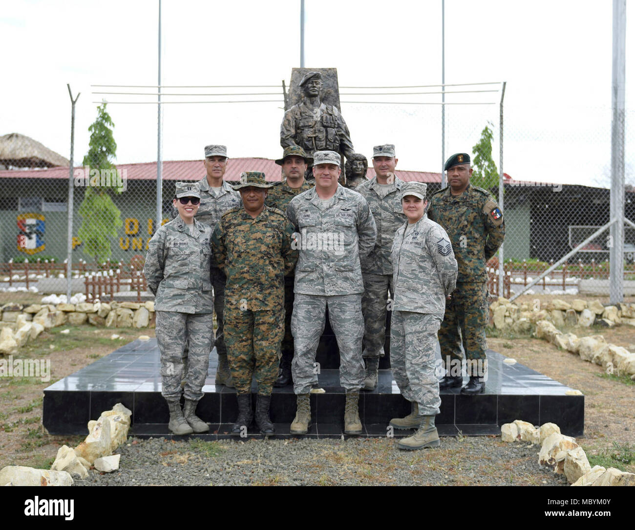 The leadership team of the 346th Air Expeditionary Group and leaders of the Panamanian military and police force known as SENAFRONT, stand for a photo during Exercise New Horizons 2018 April 1, 2018 in Meteti, Panama. Exercise New Horizons is a joint training exercise where all branches of the U.S. military conduct training in civil engineer, medical and support services while benefiting the local community. Stock Photo