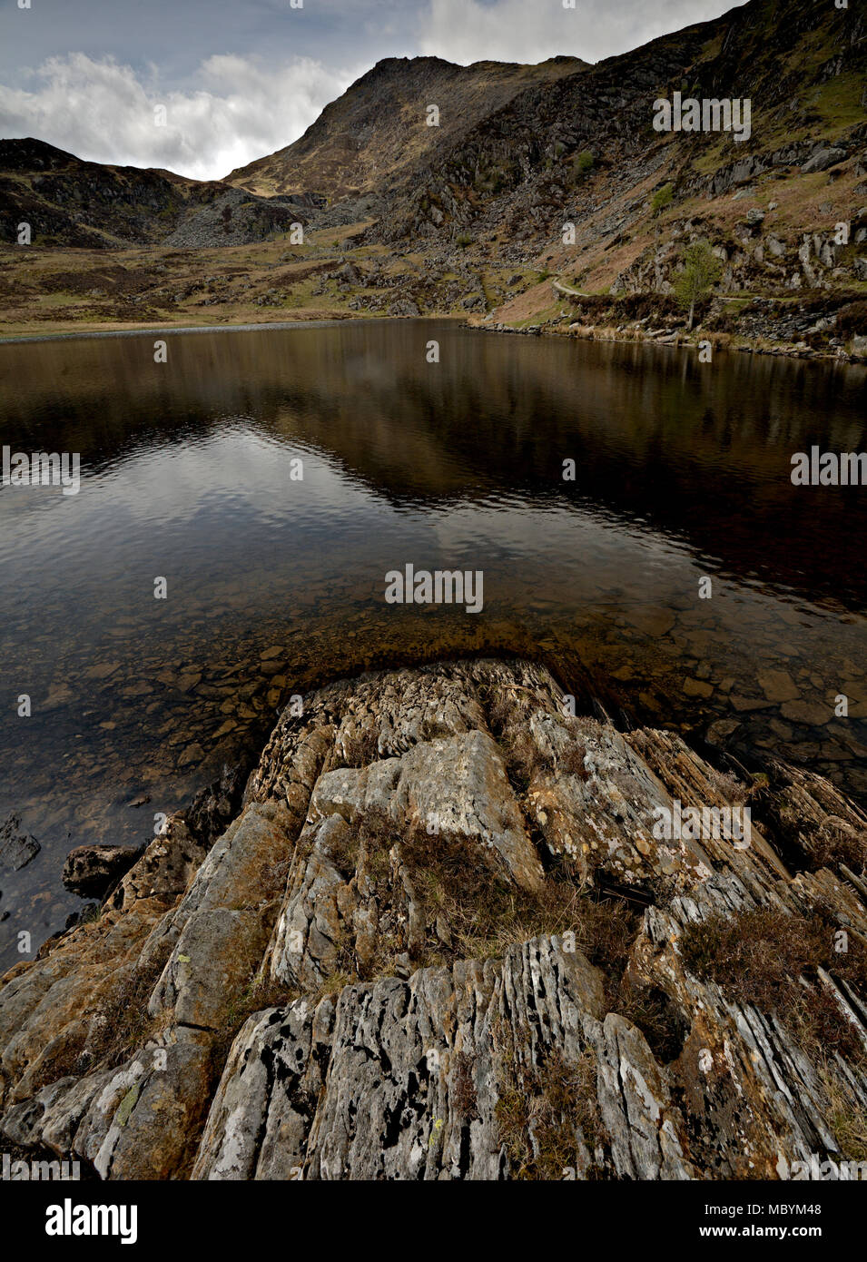 Llyn Foel and Moel Siabod with reflections, Snowdonia, North Wales Stock Photo