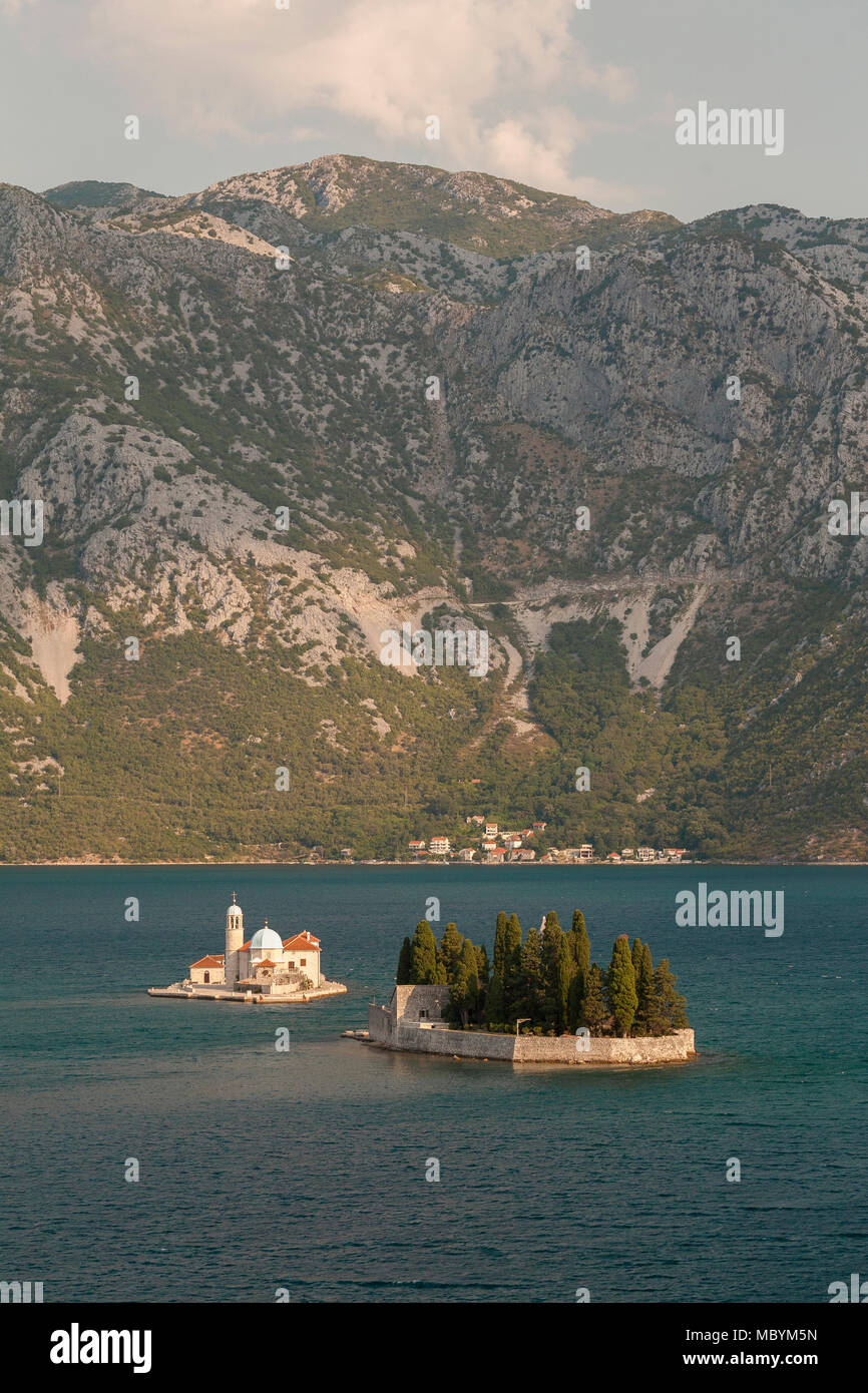 Two churches on islands in the Bay of Kotor, Montenegro, on the Adriatic Sea Stock Photo