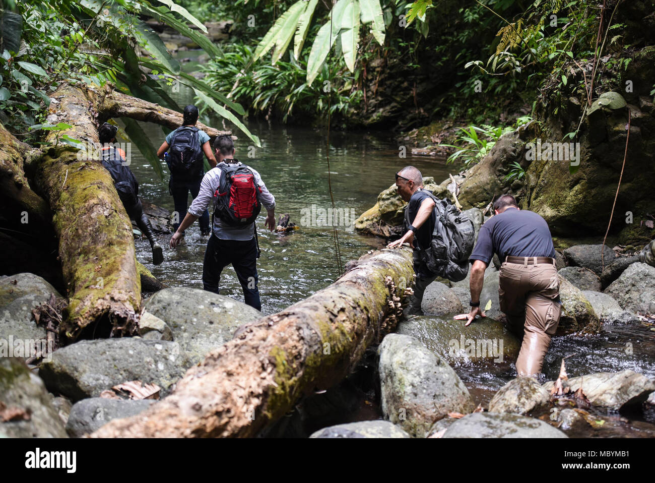 Members of the 346th Air Expeditionary Group hike through a river in the Darien National Park, Panama, April 2, 2018, during exercise New Horizons 2018. Following the hike, 346th AEG members spoke to local village members about the assistance that New Horizons 2018 will bring to the communities throughout the region. Exercise New Horizons is a joint training exercise where all branches of the U.S. military conduct training in civil engineer, medical and support services while benefiting the local community. Stock Photo