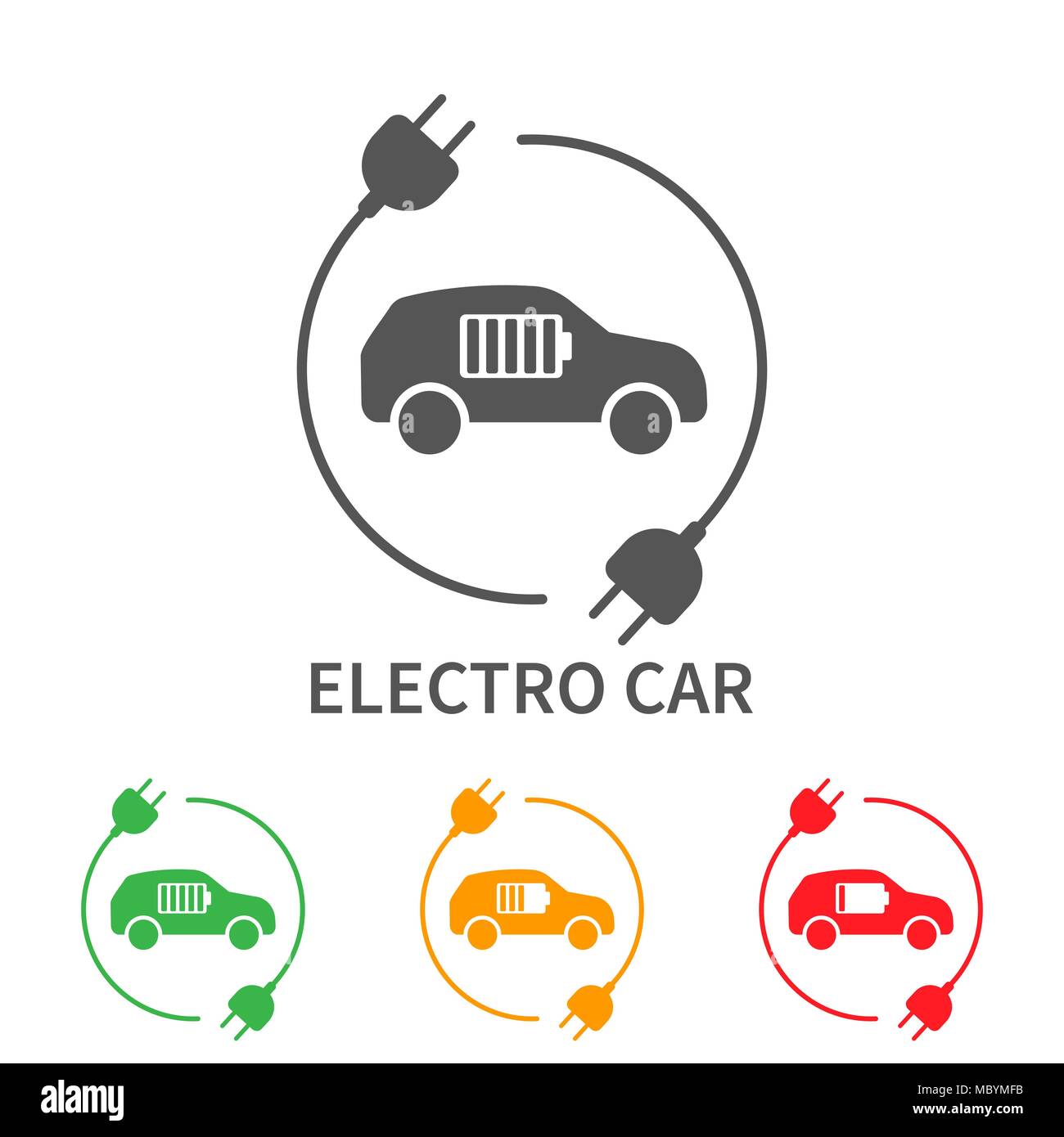 Icons of electric cars, vector. Side view of the electric vehicle. The indication of the battery level in the electric car Stock Vector