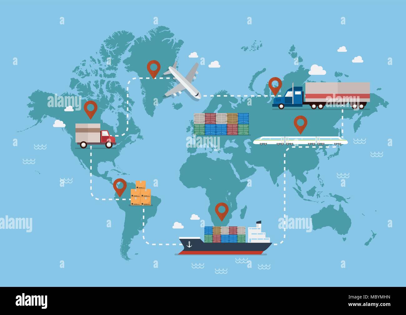 Global logistics network. Set of cargo truck jet maritime shipping and